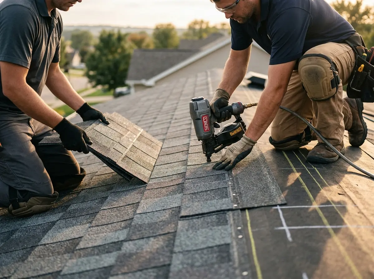 Professional roofer working on a residential roof in Williston Park